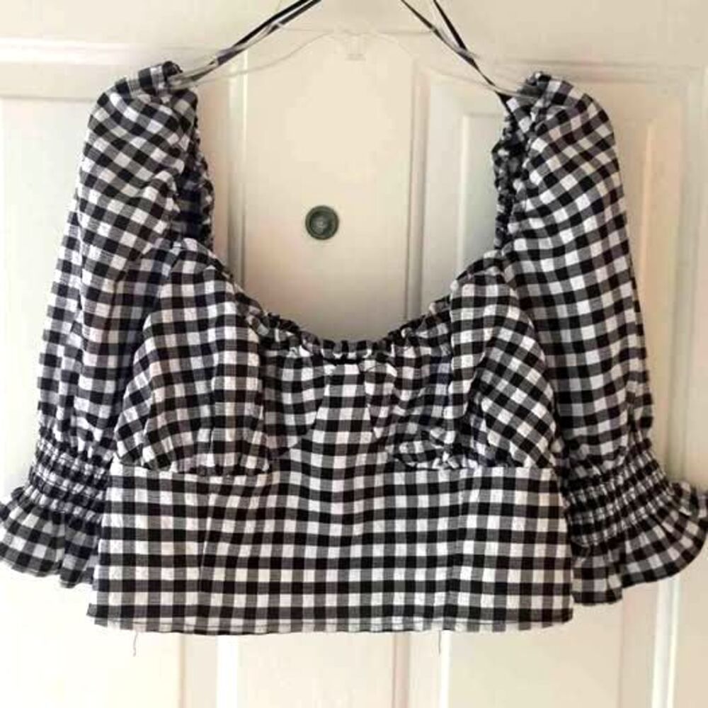 Womens Crinkle Black White Checkered Mid-Rise DIVIDED H&M balloon sleeves Medium